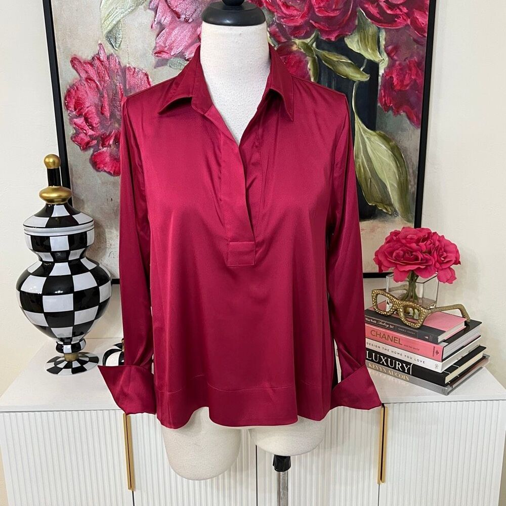 Donna Karan New York Women's Satin Long Sleeve Popover Shirt Red Small NWT